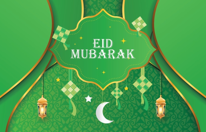 Eid Mubarak green background with lanterns and ketupat
