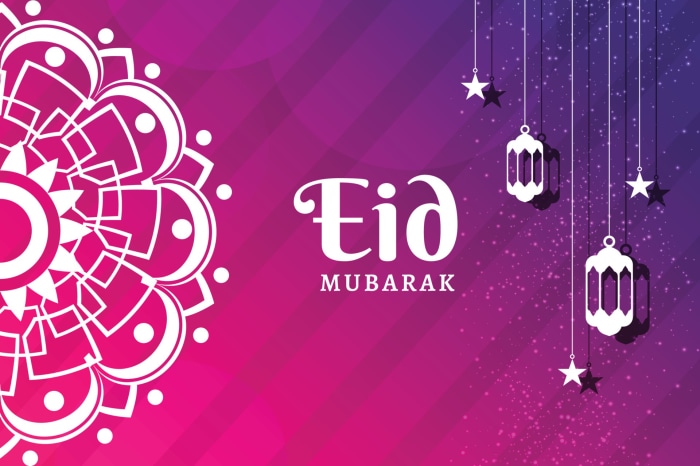 Eid Mubarak greeting with lanterns and mandala