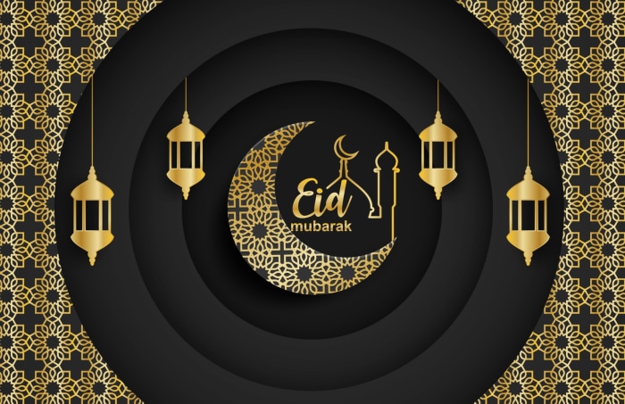 Eid Mubarak crescent moon and lanterns