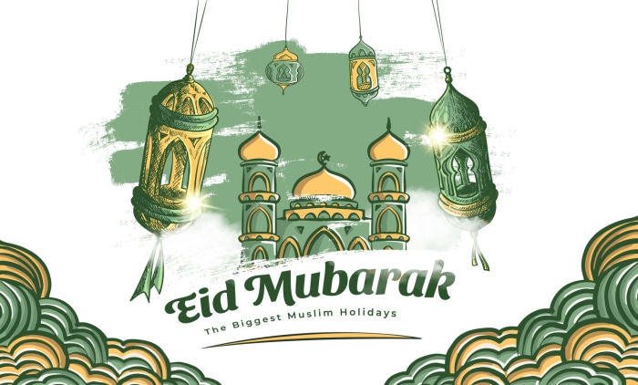 Eid Mubarak illustration with mosque and lanterns