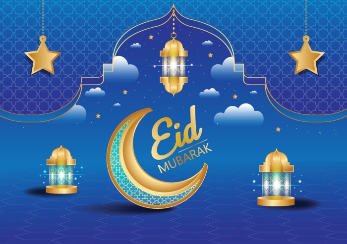 Eid Mubarak Festive Crescent and Lanterns