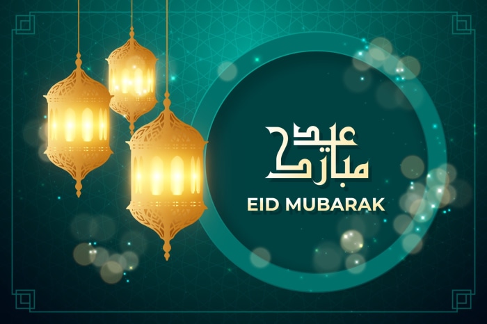 Eid Mubarak lanterns and Arabic calligraphy