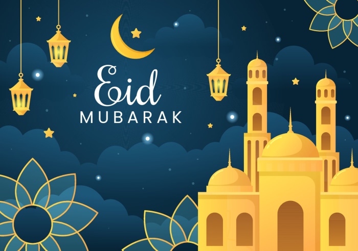 Eid Mubarak illustration with mosque and lanterns