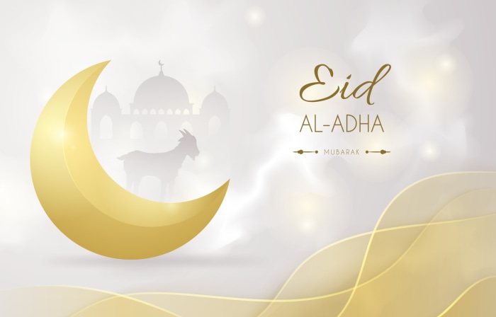 Eid Al-Adha Mubarak with Crescent Moon and Mosque