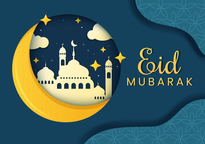 Eid Mubarak with Crescent Moon and Mosque