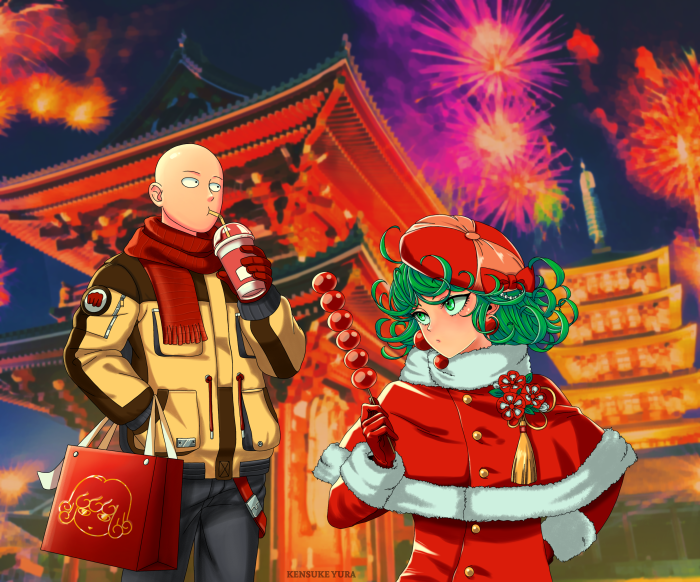 Saitama and Tatsumaki from One-Punch Man at a festival