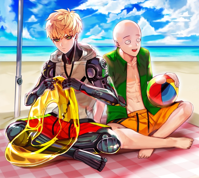 Genos and Saitama from One-Punch Man at the beach