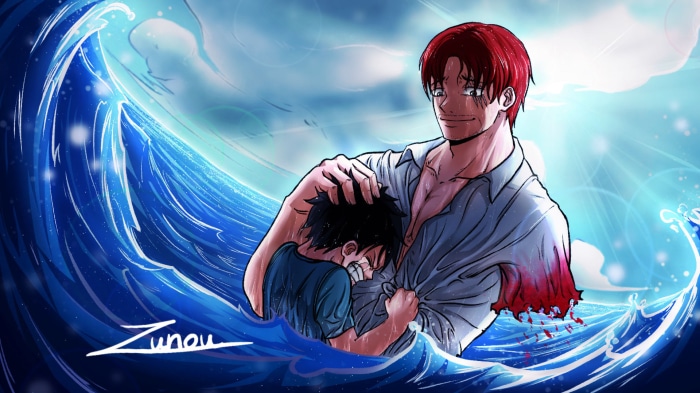 Shanks holding Monkey D. Luffy from One Piece