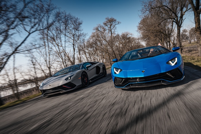 Two Lamborghini Aventador LP 780-4 Ultimae cars driving