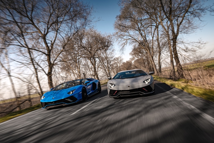 Two Lamborghini Aventador LP 780-4 Ultimae cars on a road