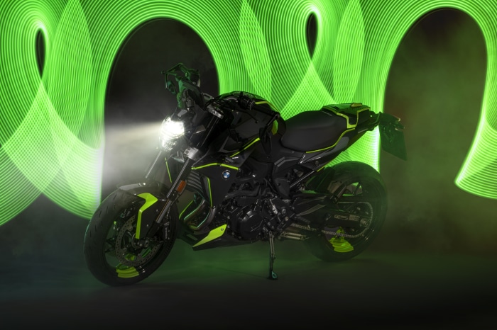 BMW F 900 R motorcycle with green light trails