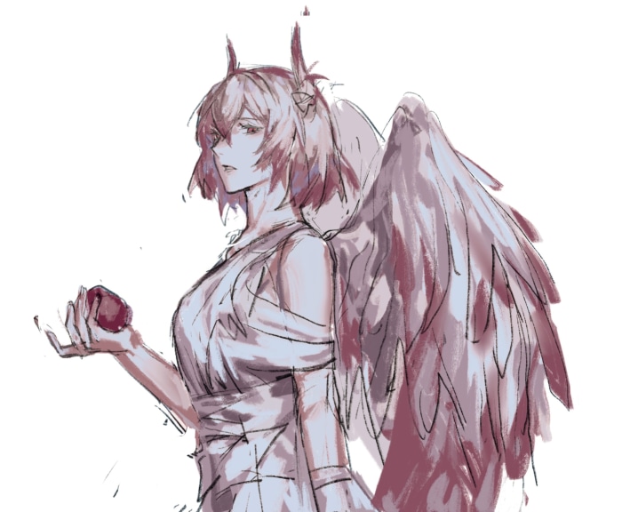 Fiammetta from Arknights holding an apple