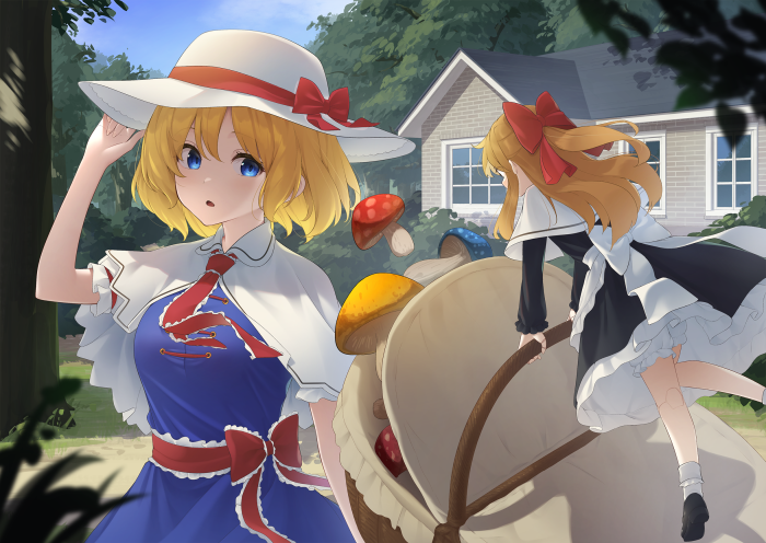 Alice Margatroid from Touhou pushing a stroller with mushrooms