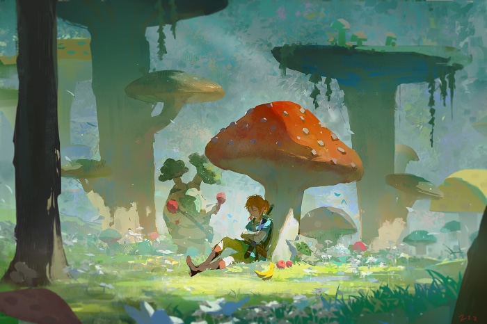 Link from The Legend of Zelda: Breath of the Wild resting in a mushroom forest