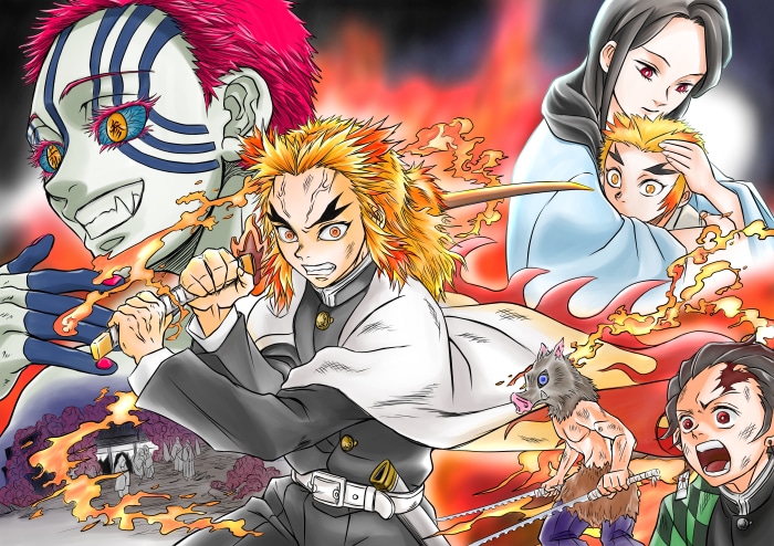Akaza, Kyojuro Rengoku, Tanjiro, Inosuke from Demon Slayer