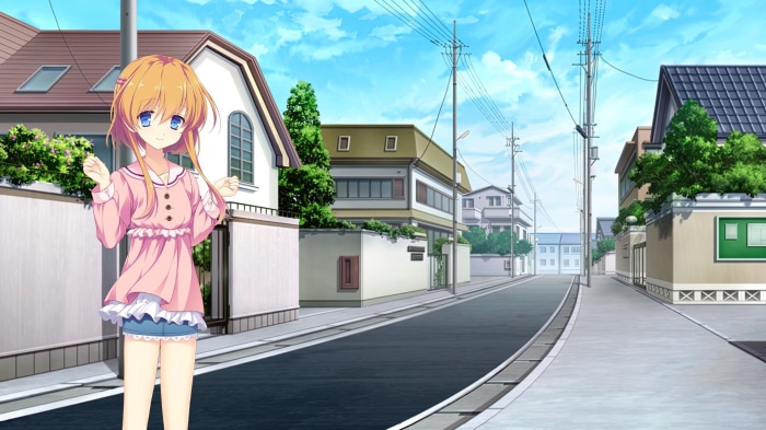 Girl in pink dress on a suburban street
