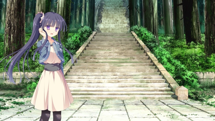Girl in a dress and jacket on stone steps in a forest