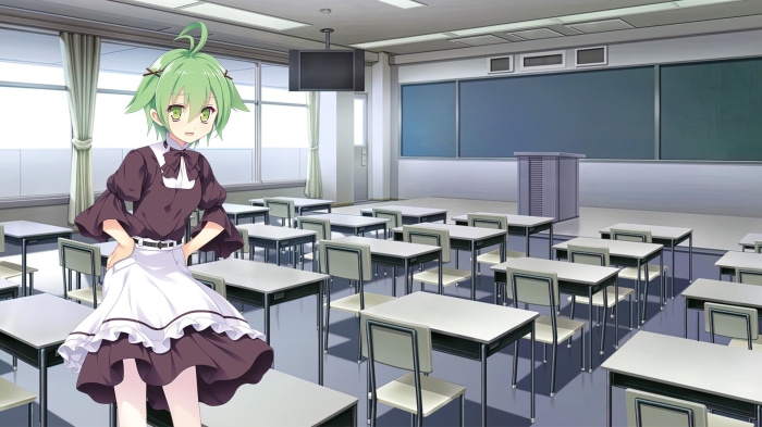 Girl in Maid Outfit in Classroom