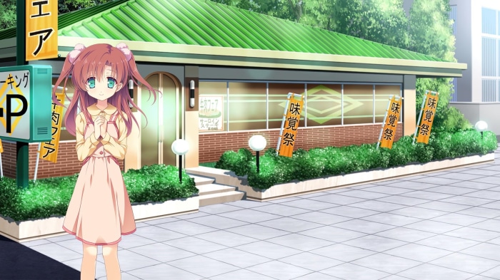 Girl in front of a shop with Japanese signs