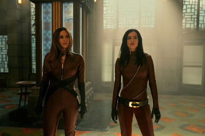 Two women in superhero costumes from The Umbrella Academy