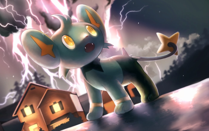 Shinx from Pokémon during a thunderstorm