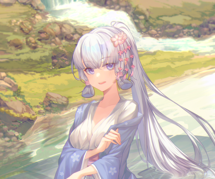 Kamisato Ayaka from Genshin Impact by a waterfall