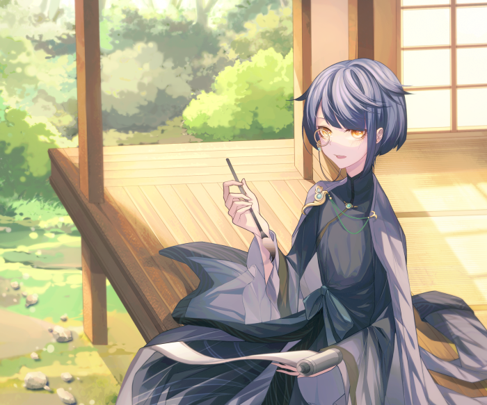 Xingqiu from Genshin Impact sitting on a porch