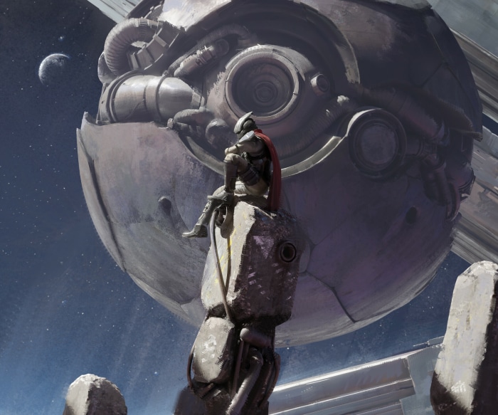 Sci Fi Warrior Sitting on Structure Near Large Sphere