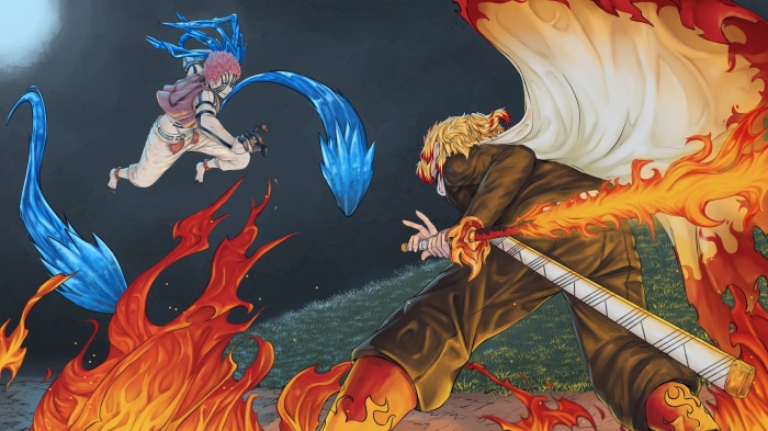 Akaza and Kyojuro Rengoku fighting in Demon Slayer
