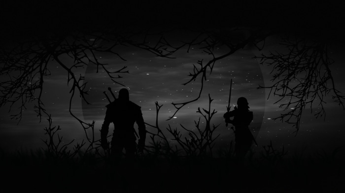 Geralt and Ciri from The Witcher in a dark forest