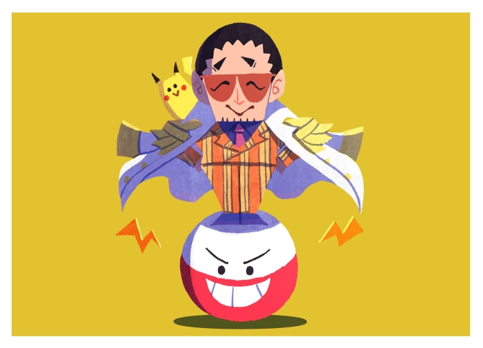 Borsalino (Kizaru) from One Piece with Pikachu and Voltorb