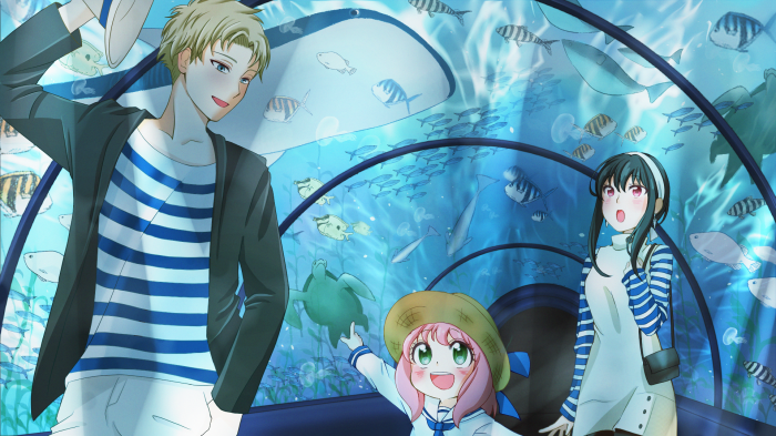 Anya, Loid, and Yor Forger at the aquarium