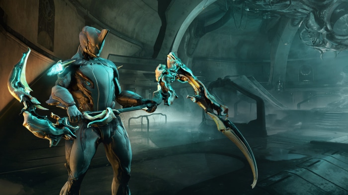 Warframe character holding a scythe weapon
