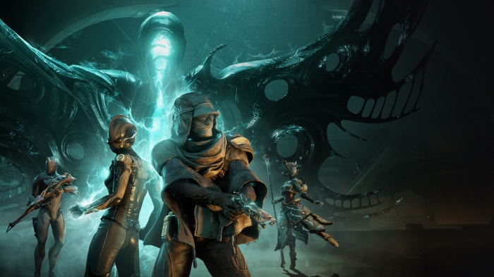 Warframe characters facing a large alien entity