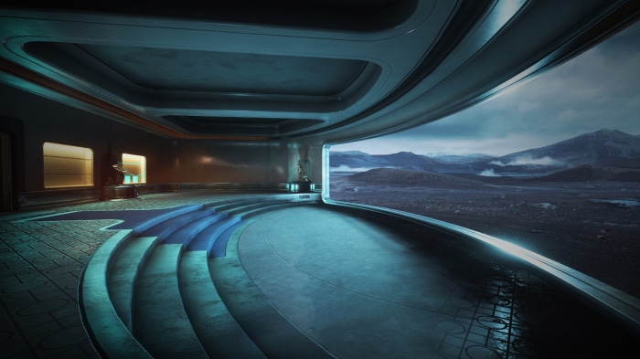 Interior of a futuristic building overlooking a barren landscape