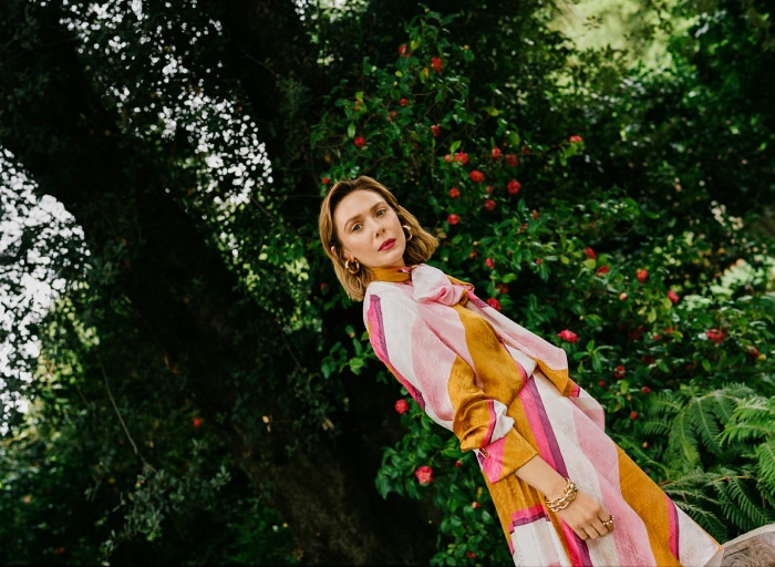 Elizabeth Olsen in a striped dress