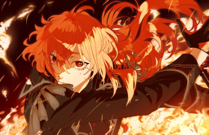 Diluc from Genshin Impact in flames