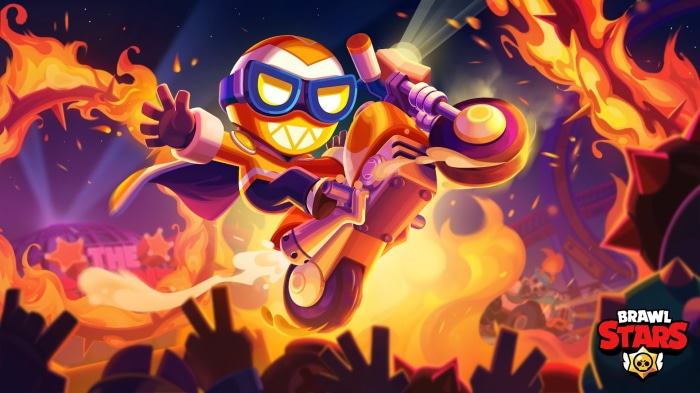 Brawl Stars character riding a motorcycle through fire