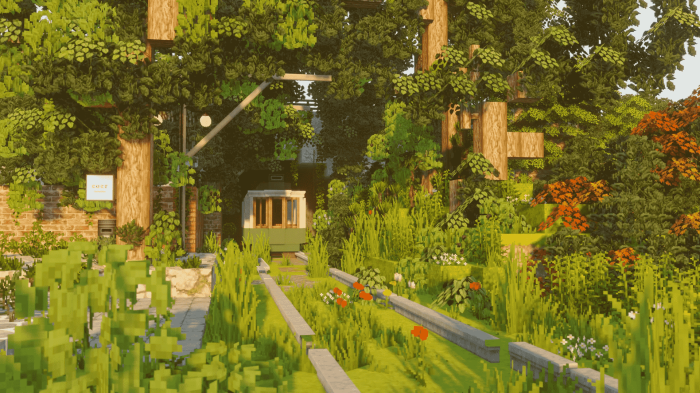 Minecraft train station surrounded by lush greenery