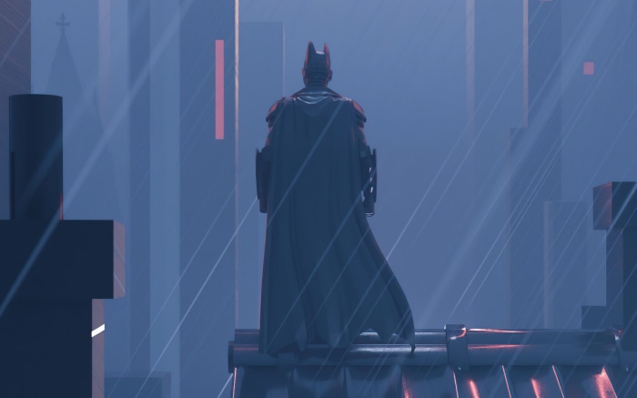 Batman standing on a rooftop in a rainy city