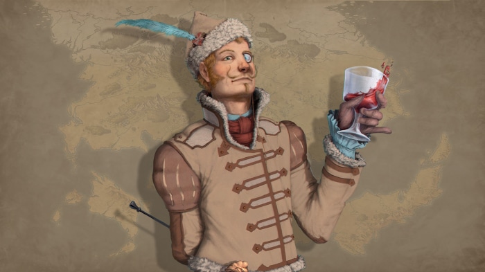 Duke of Rockburry holding a glass of wine
