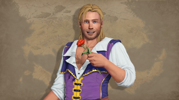 Man with blonde hair holding a red rose