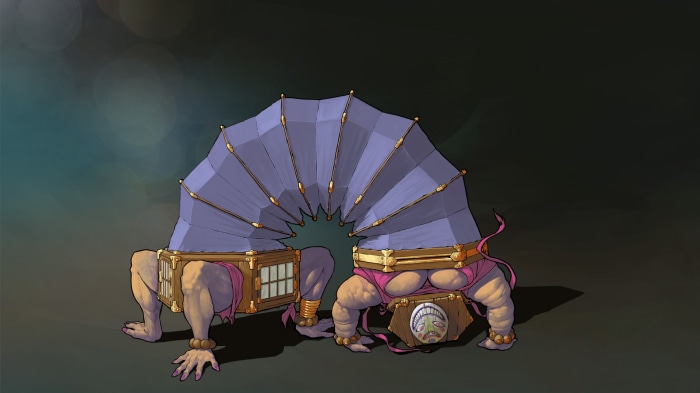 Two strange creatures with human legs and fan-like backs