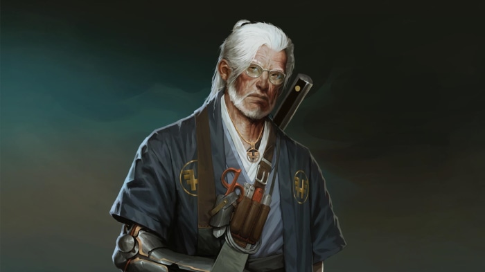 Elderly man with cybernetic arm and sword