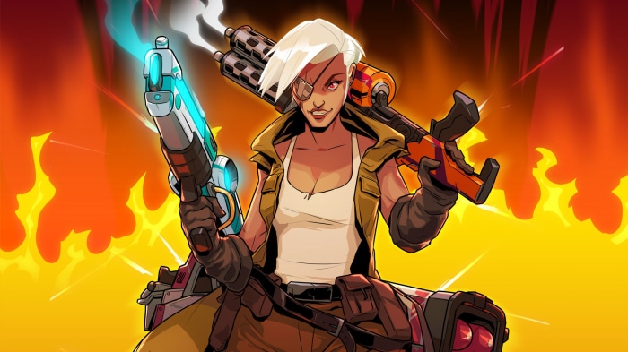 Maria with guns and fire background