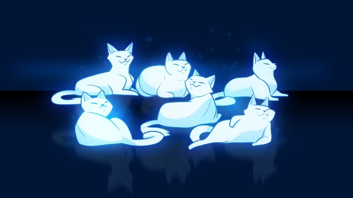 Six glowing white cats on a dark background