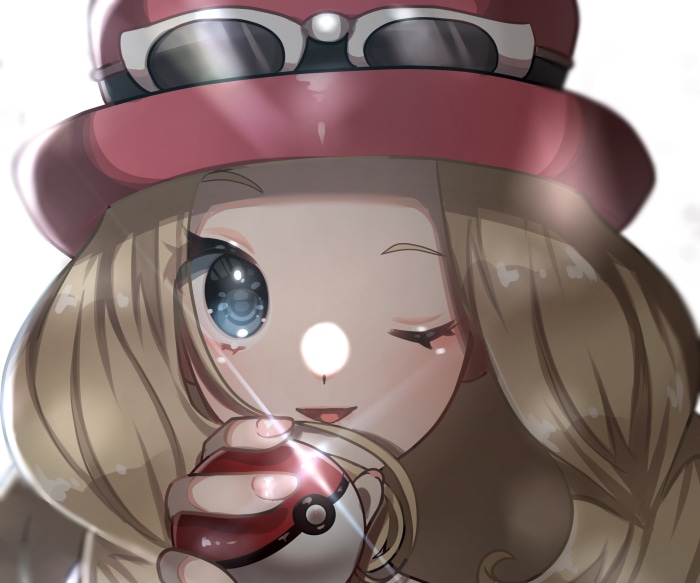 Serena from Pokemon holding a Pokeball