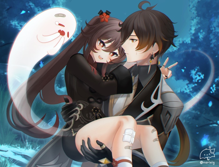 Hu Tao and Zhongli from Genshin Impact with a ghost