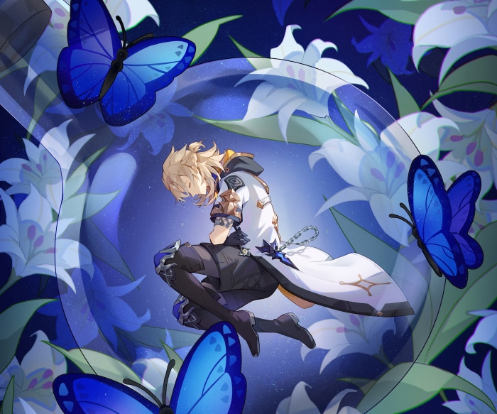 Albedo from Genshin Impact with Blue Butterflies