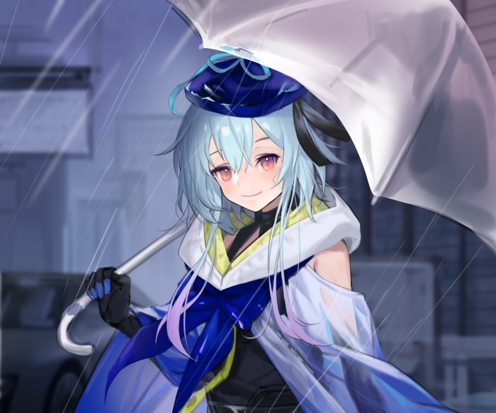 Mizuki from Arknights holding an umbrella in the rain